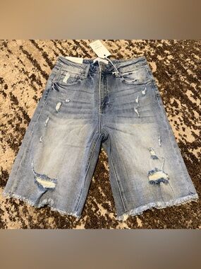 Risen Light Blue Distressed Denim Bermuda Shorts